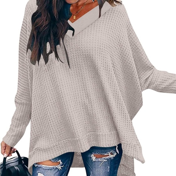 Oversized Crewneck Long Batwing Sleeve Waffle Knit Casual Tunic Pullover Top - Picture 1 of 10